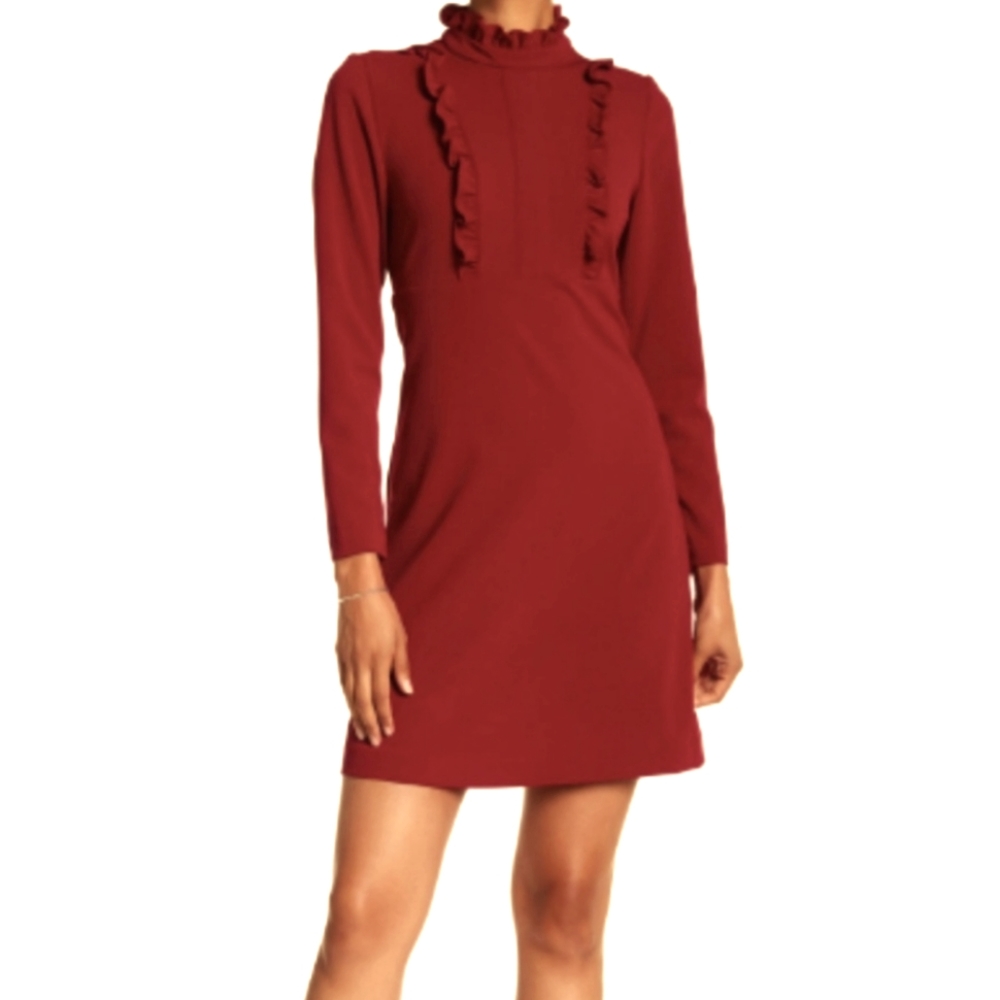 NEW Sharagano burgundy mock neck ruffle dress stretch. Size 4. Fits small/medium